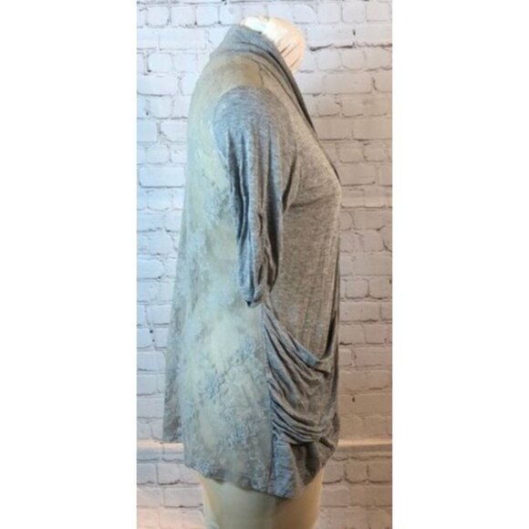 Lightweight Gray Open-Front Cardigan w/ Lace Back & Ruched Pockets - Picture 3 of 5